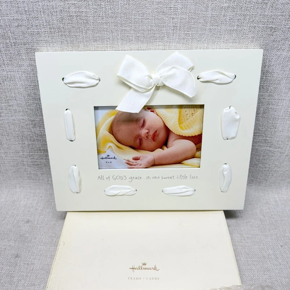 Hallmark Wood Baby Photo Frame 4x6 All of Gods Grace Ribbon Cream White New Box